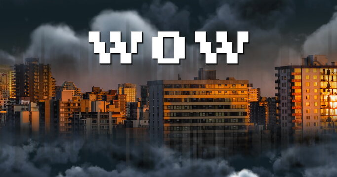 Image of wow text over cityscape - Powered by Adobe