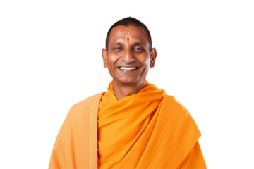 Smiling Hindu Monk on Transparent Background – Peaceful Spiritual Guru, Ascetic Yogi, Calm Expression, Meditation Icon, Indian Holy Man, PNG Image for Mindfulness and Wellness Design. PNG CUT OUT

