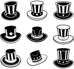 Uncle Sam Top Hat Icons Set, Vector Illustration of Patriotic American Hats