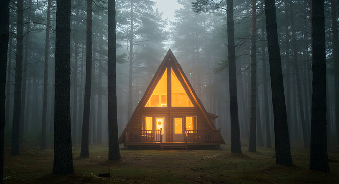Enigmatic A-Frame Cabin in Misty Forest
