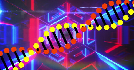 Image of dna strand over digital tunnel
