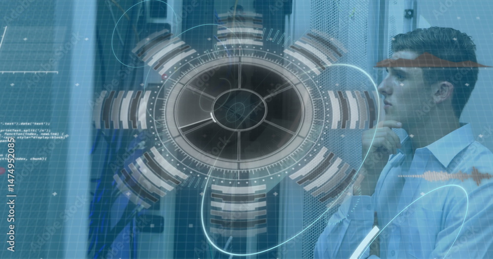 Poster image of 5g text, scopes scanning and data processing over male it engineer and servers