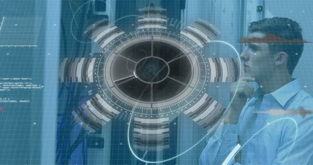 Image of 5g text, scopes scanning and data processing over male it engineer and servers