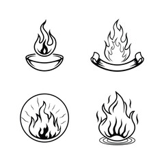 Collection of four fire flame illustrations in black and white vector format