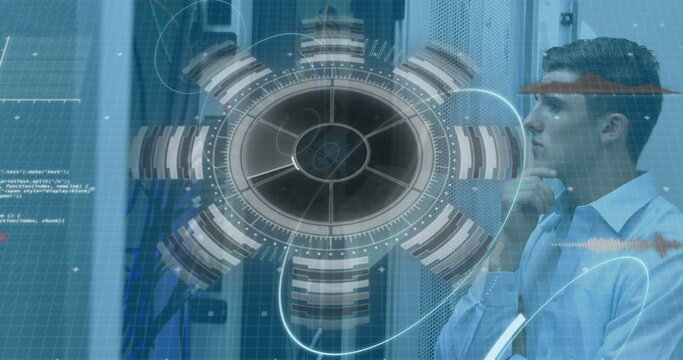 Image of 5g text, scopes scanning and data processing over male it engineer and servers