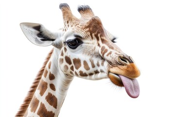 Fototapeta premium Close-up of a giraffe's head and neck. The giraffe's tongue is sticking out, and its expression is curious or playful. Spotted pattern of the giraffe's skin is clearly visible