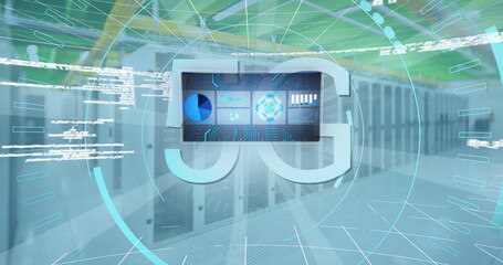 Projecting holographic 5G symbol displaying graphs in data center aisle, with racks and cabinets
