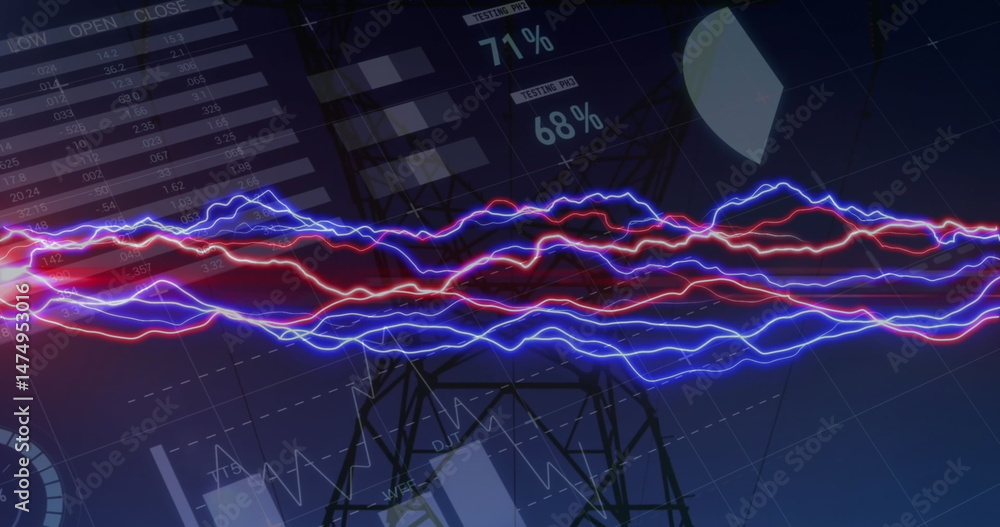 Poster image of statistics and data processing over electricity trails and pylon landscape