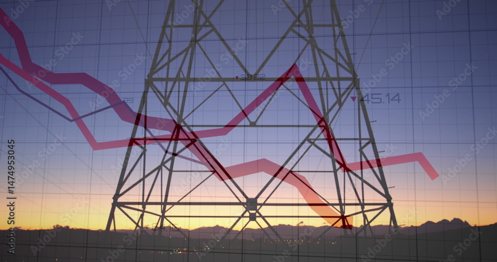 Poster image of data processing with red lines over electricity trails and pylon landscape