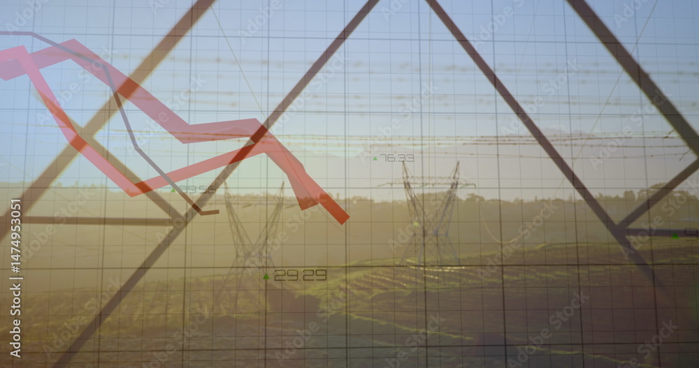 Poster image of statistics and data processing with red lines over electricity pylon and landscape
