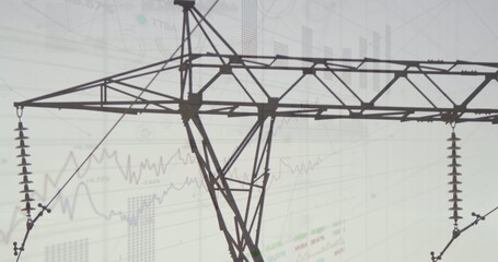 Image of statistics and data processing over electricity pylon and landscape
