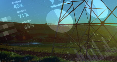 Image of data processing over electricity pylon and landscape