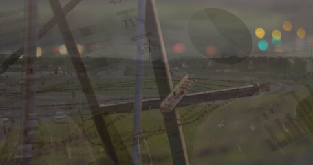 Image of data processing over electricity pylon and landscape