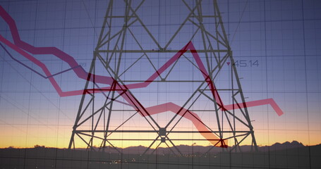 Image of data processing with red lines over electricity trails and pylon landscape