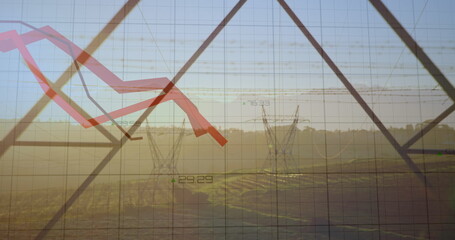 Image of statistics and data processing with red lines over electricity pylon and landscape