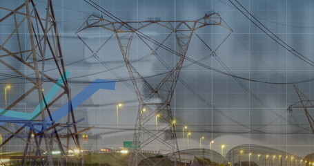 Image of statistics and data processing with blue lines over electricity pylon and landscape