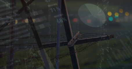 Image of statistics and data processing over electricity pylon and landscape