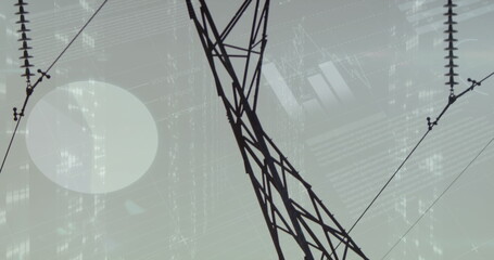 Image of statistics and data processing over electricity pylon and landscape
