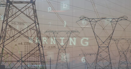 Image of cyber attack data processing over electricity pylon and landscape