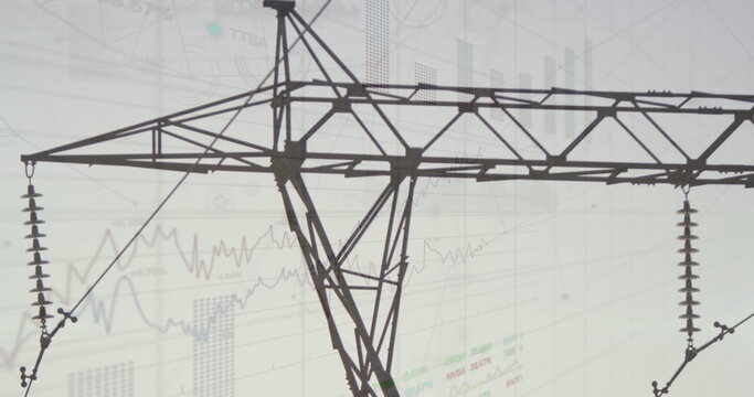 Image of statistics and data processing over electricity pylon and landscape