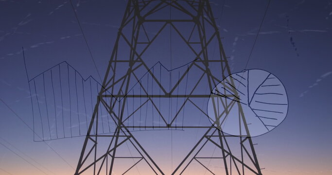 Image of data processing over electricity pylon and landscape