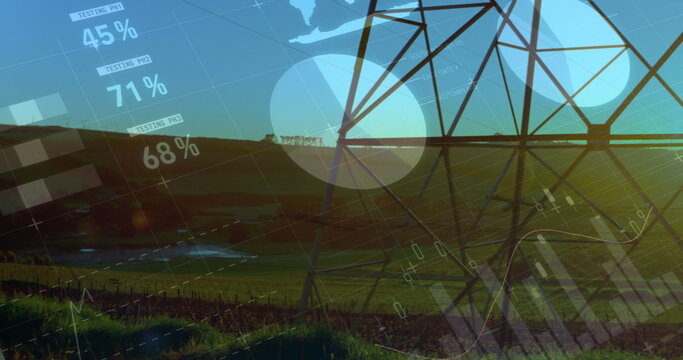Image of data processing over electricity pylon and landscape