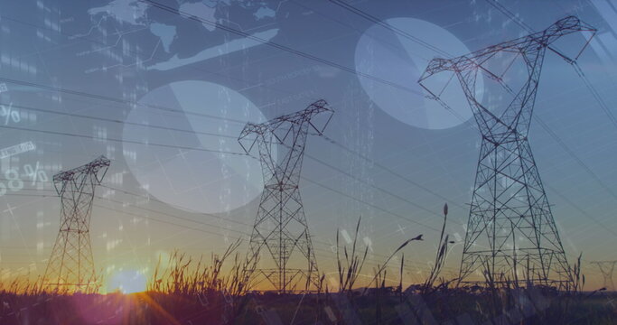 Image of statistics and data processing over electricity pylon and landscape