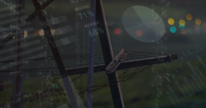 Image of statistics and data processing over electricity pylon and landscape