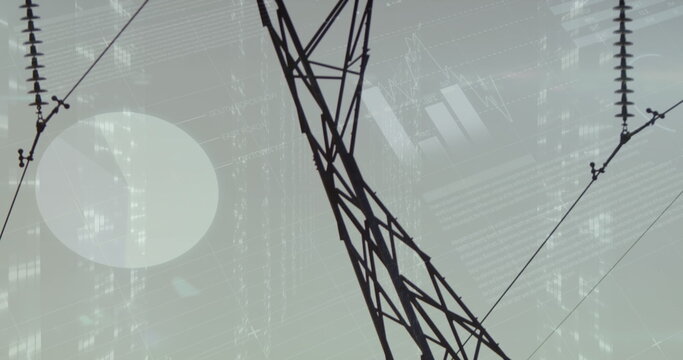 Image of statistics and data processing over electricity pylon and landscape