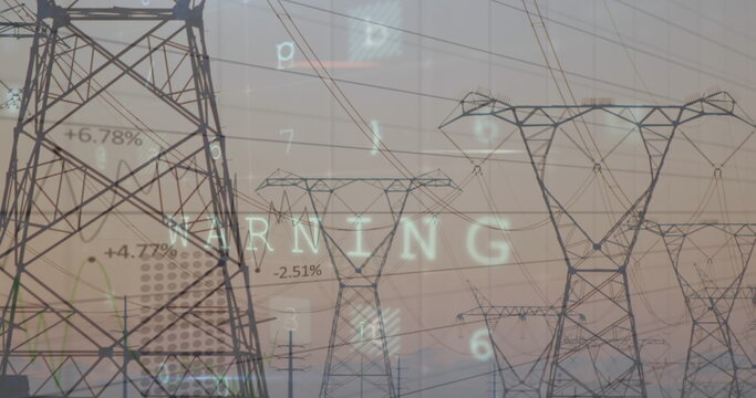 Image of cyber attack data processing over electricity pylon and landscape - Powered by Adobe