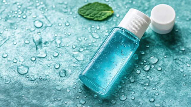 Bottle of Blue Hand Sanitizer on Wet Surface with Mint Leaf Close Up Shot for Hygiene and Health