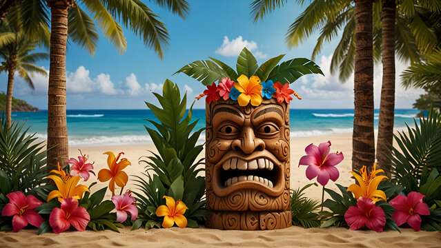 A vibrant tiki statue with a floral crown stands on a tropical beach surrounded by palm trees colorful flowers and ocean waves under a sunny sky with natural background ai.
- Powered by Adobe