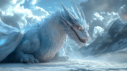 Icy dragon surveys the snow-covered landscape, eyes glowing amid the cloudy, mountainous backdrop