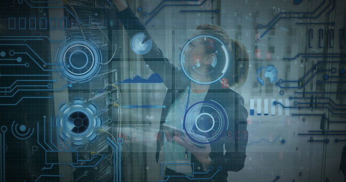 Image of data processing over caucasian female server room worker