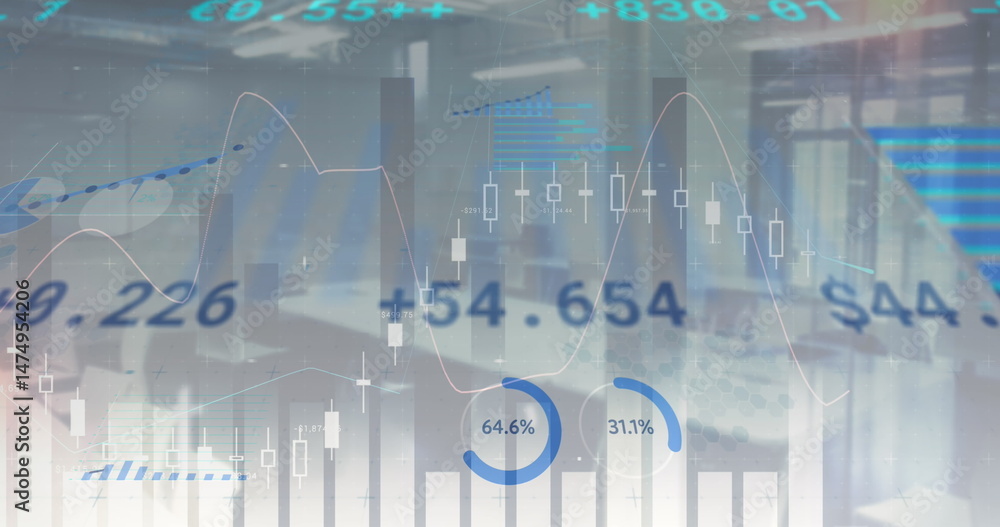 Poster image of financial graphs and changing numbers on grey background