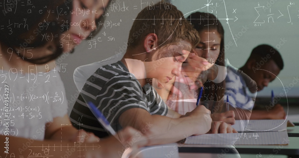 Aufkleber image of math formulas moving over class of diverse pupils learning at school