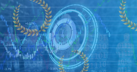 Image of financial graphs over processing circle on blue background