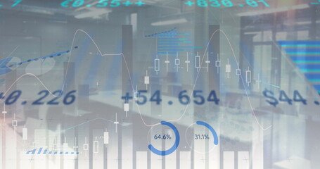Image of financial graphs and changing numbers on grey background