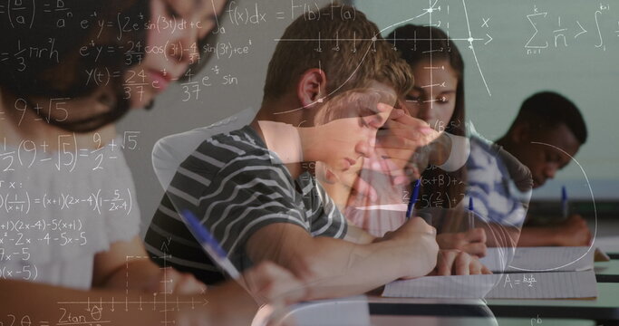Image of math formulas moving over class of diverse pupils learning at school