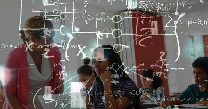 Image of math formulas moving over caucasisan female teacher helping biracial girl at school - Powered by Adobe