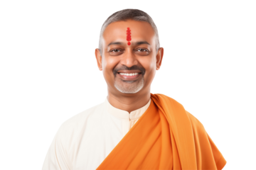 Smiling Hindu Monk on Transparent Background – Peaceful Spiritual Guru, Ascetic Yogi, Calm Expression, Meditation Icon, Indian Holy Man, PNG Image for Mindfulness and Wellness Design. PNG CUT OUT

