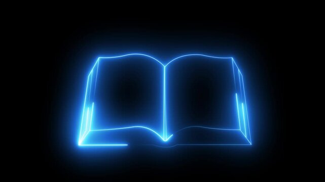 Glowing vertical book icon animation with neon open symbol on black background. Glowing neon book icon. Digital book library, school read, university education, open book. blue colors 