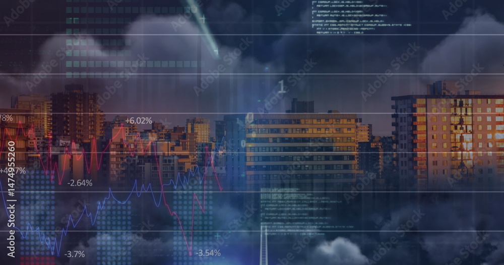 Poster image of financial graphs and data processing over cityscape