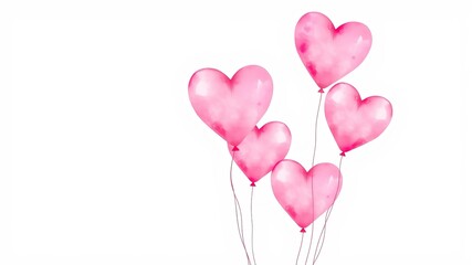 Five delicate pink heart-shaped balloons float gently against a pristine white background perfect for Valentine's Day designs.