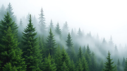 Misty forest, fog, pine trees, nature landscape