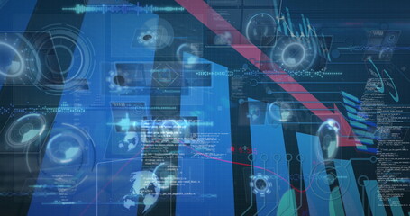 Image of arrow and financial graphs over navy background with circles on screens