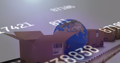 Image of changing numbers over globe and packages