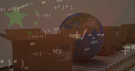 Image of changing numbers over globe and packages