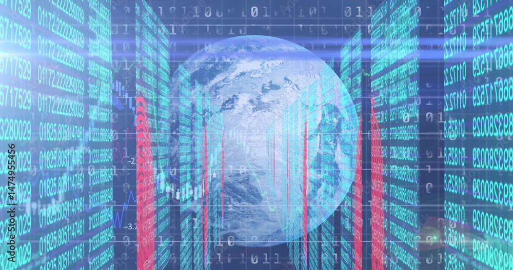 Aufkleber image of data processing, globe and lights on navy background