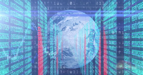 Image of data processing, globe and lights on navy background